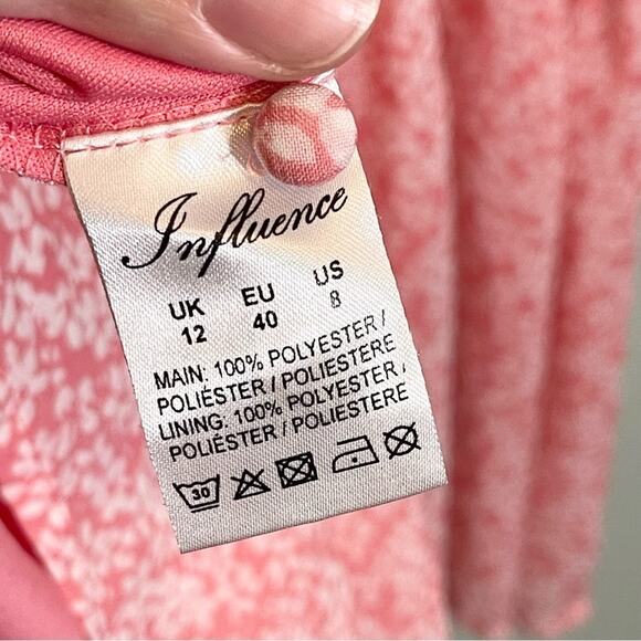 Influence Women's Pink Floral Crew Neck Shirred Sleeve Tiered Mini Dress Size 8 - Picture 15 of 16